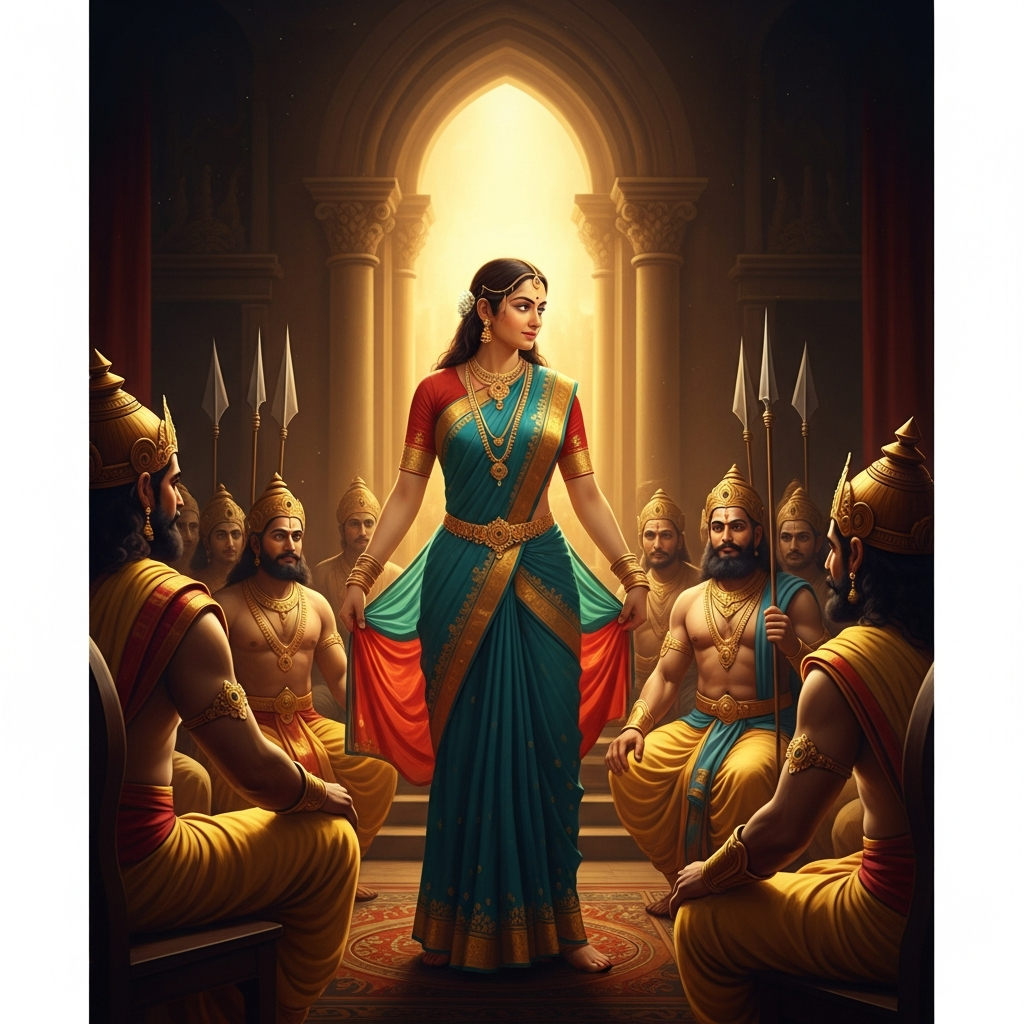 Draupadi stands in the assembly and turns to Bhishma, to Drona, to the blind king Dhritarashtra. She is still holding her sari with both hands. She asks the question no one in the hall will answer: can a man stake a wife he no longer owns?