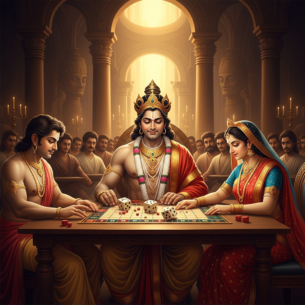 Yudhishthira sits at the dice board in the Kuru assembly hall, each stake lost, his brothers now staked and lost, and finally Draupadi — his queen, their shared wife — placed on the table by a man who has already lost himself.