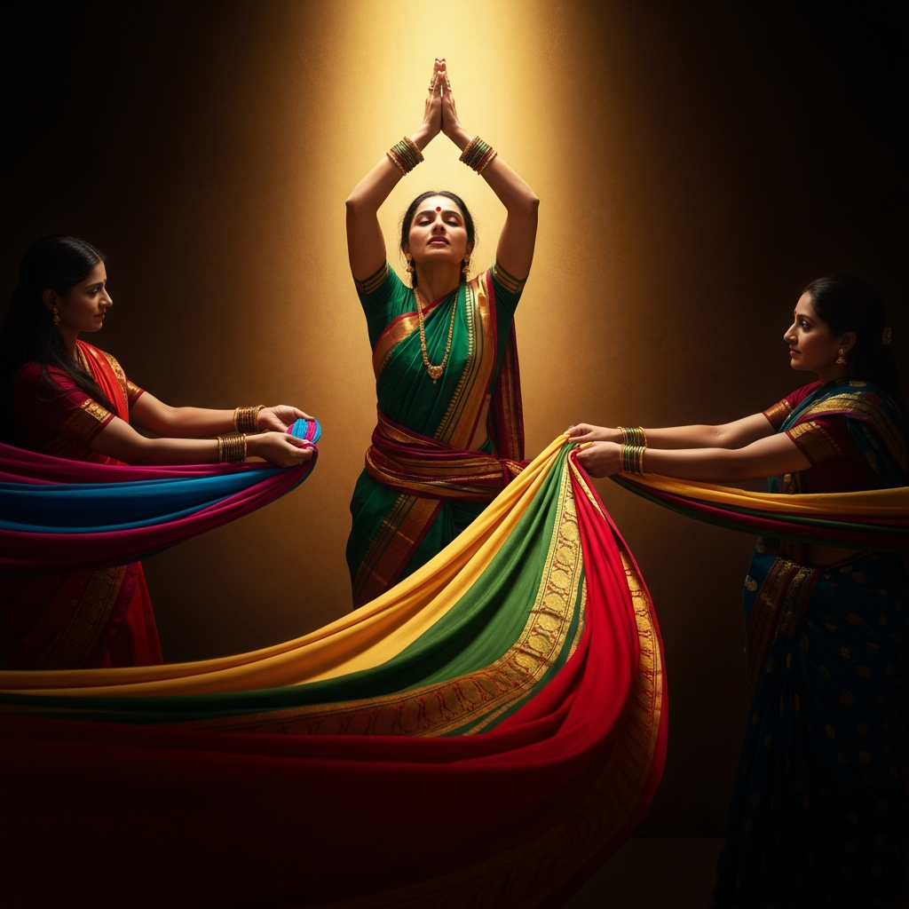 She releases the cloth. Her hands rise in prayer to a god who is not in the room. The sari keeps coming — yard after yard, color after color — and Duhshasana's arms begin to tremble with the effort of pulling what will not end.
