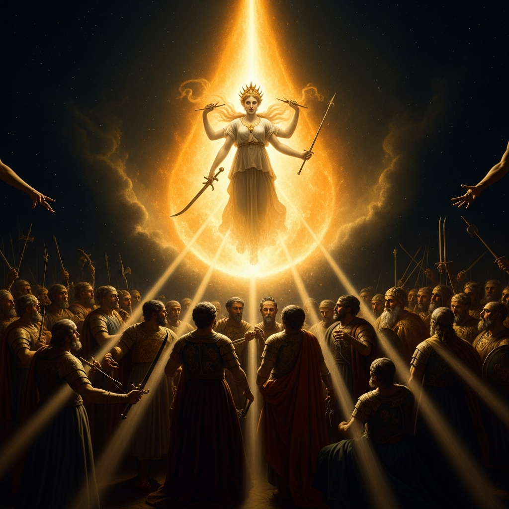 The gods pour their combined fury into a single burning point above the assembly. The light takes shape — arms, face, crown — and the goddess steps out of it, each hand already reaching for a weapon.