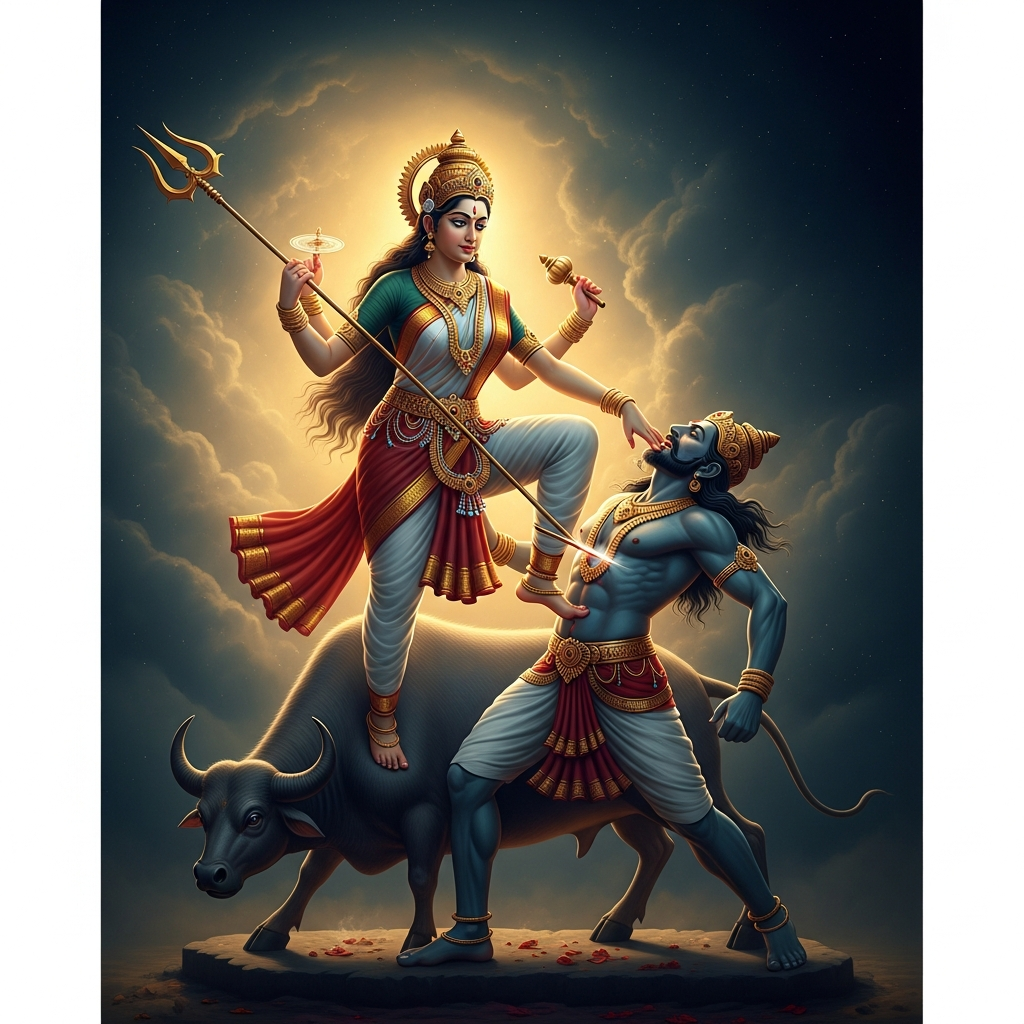 She catches Mahishasura mid-transformation, half-emerged from buffalo into man. Her foot comes down on the demon's throat. Her trident finds the chest. The cosmos exhales. The image that every sculptor from Mysore to Bali will carve for the next fifteen hundred years freezes here.