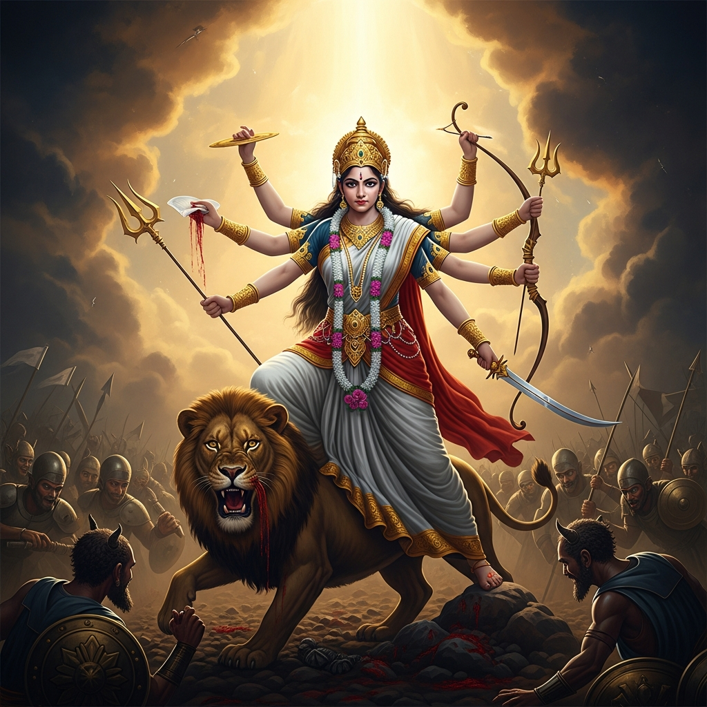 Nine days on the battlefield. The lion beneath her does its own killing. Her arms move independently — discus, trident, bow, sword — without anger, without hesitation, clearing the demon army with the precision of a force made for exactly this.