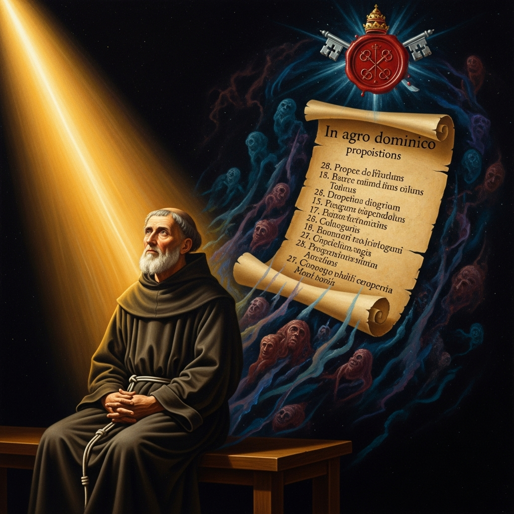The papal bull *In agro dominico* lists twenty-eight condemned propositions. Eckhart has already died, possibly knowing it was coming.