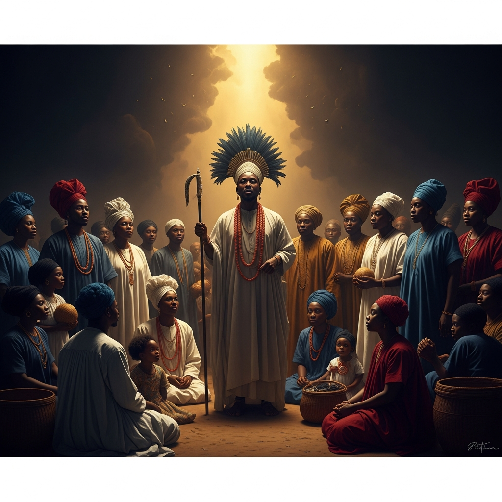 Before the gathered families, the Egungun stops and turns. It speaks. The false accuser is named. The crowd is still. In the silence after the ancestor speaks, the truth settles into the community like water into dry earth.