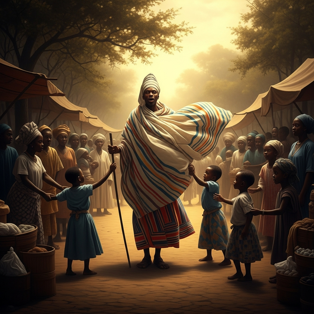 The Egungun emerges from the grove's edge into the morning marketplace. The crowd parts. Children are pulled back. The layered cloth moves in a wind that is not blowing. The voice that comes from inside is not the voice of any living man.