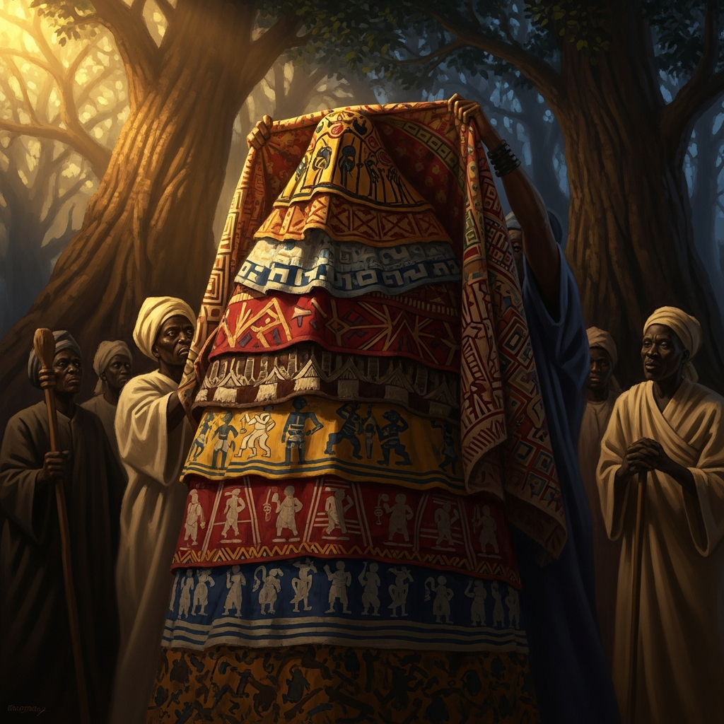 In the sacred grove before dawn, the Egungun society dresses the masquerader. Layer upon layer of cloth descends over the man until no skin shows — he disappears inside the costume and the ancestor takes his place.