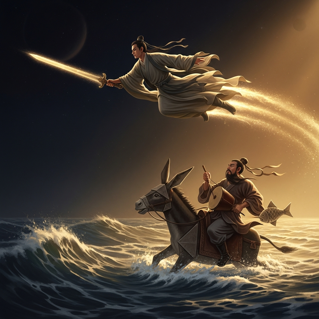 Lü Dongbin rides his sword like a sliver of moonlight above the water while Zhang Guolao's paper donkey trots across the sea's surface as if the ocean were a mountain road.