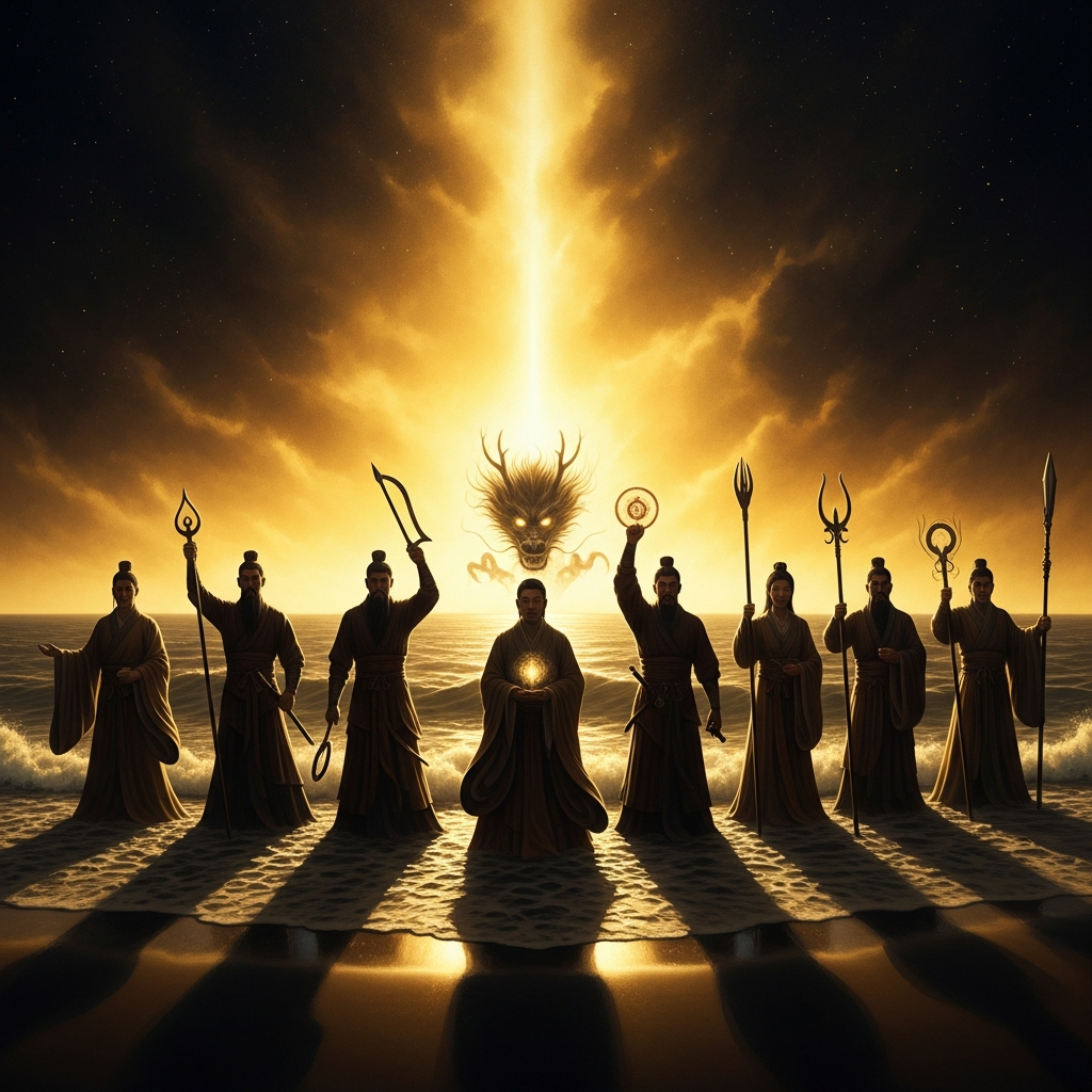 The Eight Immortals stand at the shore of the Eastern Sea, each raising their magical object to the horizon as the Dragon King watches from beneath the waves.