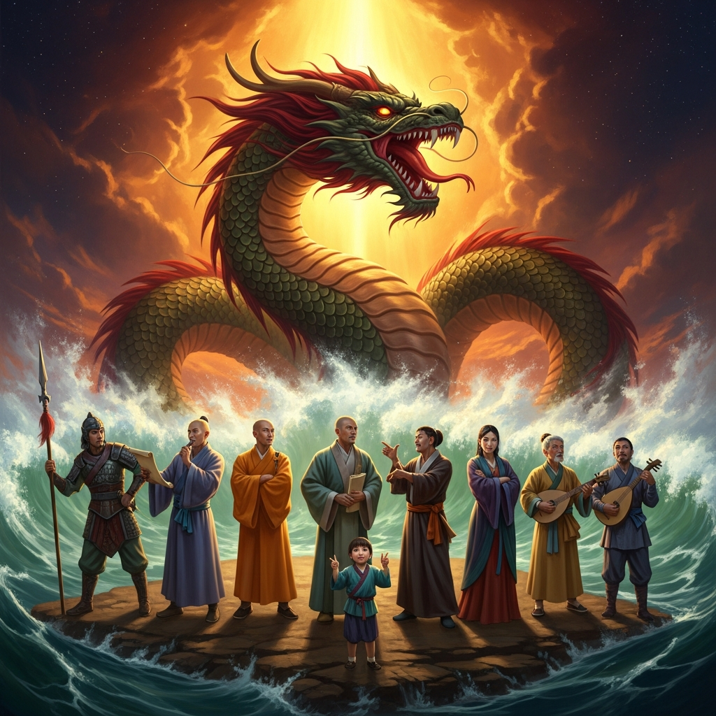 The Dragon King rises from the sea in his full terrible form, only to find that eight beings who have forgotten how to be afraid are not easily impressed by a dragon.