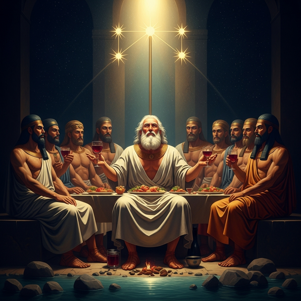 El at the confluence of the two rivers, white-bearded and wine-flushed, the seventy gods arrayed around him like stars around a pole — the patriarch of the cosmos in the posture of a grandfather at a long feast.
