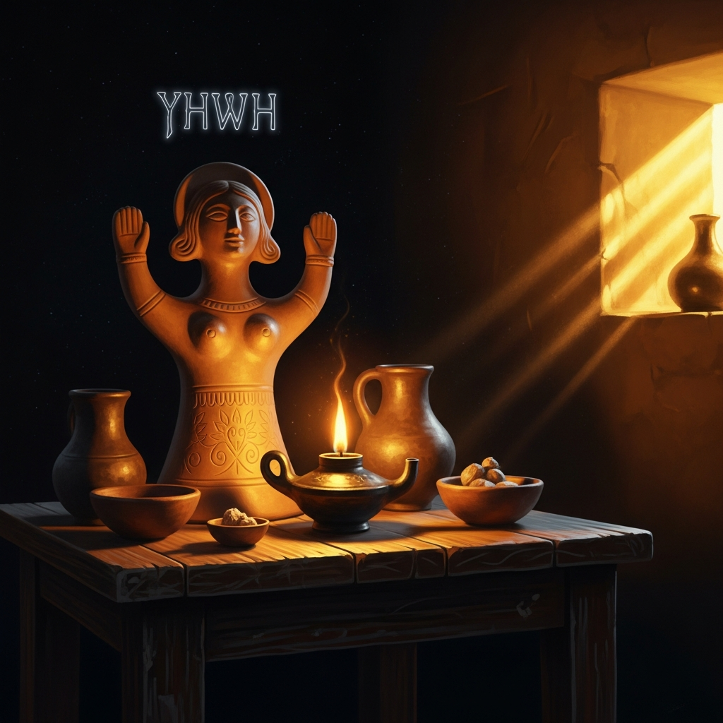 An Israelite household shrine from the 8th century BCE: a clay Asherah figurine beside the oil lamp, her hands raised, her body the shape of blessing — worshipped in the same house where YHWH's name is invoked.
