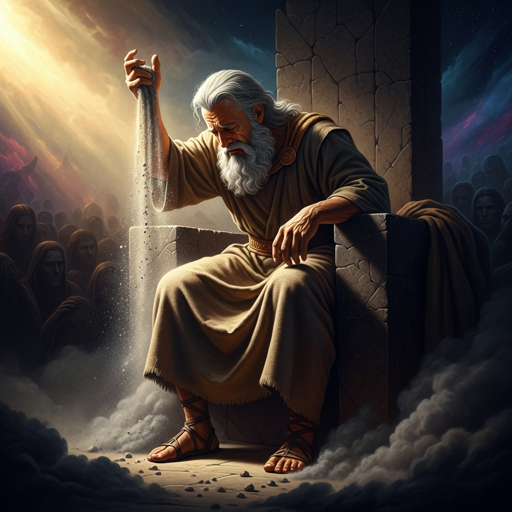 El descends from his throne in ash and sackcloth, pouring dust over his head, his lament the only sound in the divine assembly as the news of Baal's death arrives.