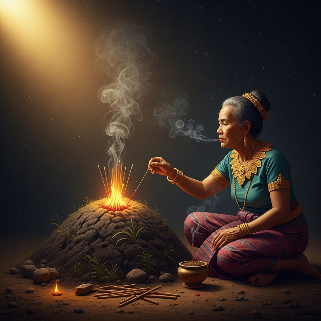 The elder burns incense at the mound and speaks into the smoke. The ritual consultation is specific in its form: you address the Neak Ta by its proper title, you explain the threat, you ask for guidance, and you wait. The answer comes through a medium — often a woman, often someone who did not set out to be a medium, often someone who has no memory of what was said through them.