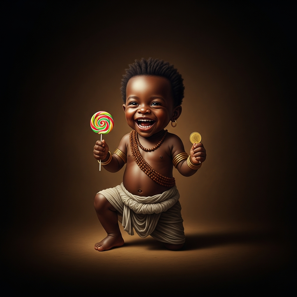 Elegba as a child — the aspect he sometimes wears, small and mischievous, with a lollipop and a coin and an enormous laugh. The child who knows more than the adults around him. The child who is also as old as roads themselves.