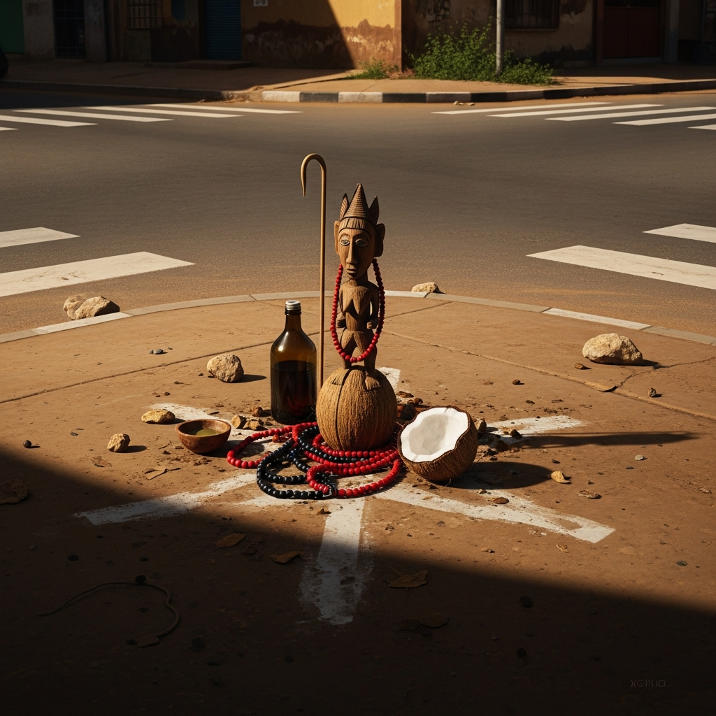 A crossroads in Lagos at midday, the intersection of two dusty roads marked by a small shrine: a carved wooden figure with a hooked staff, surrounded by palm oil offerings, red and black beads, a coconut cracked open at its base. No one at the crossroads but the shrine and the heat.
