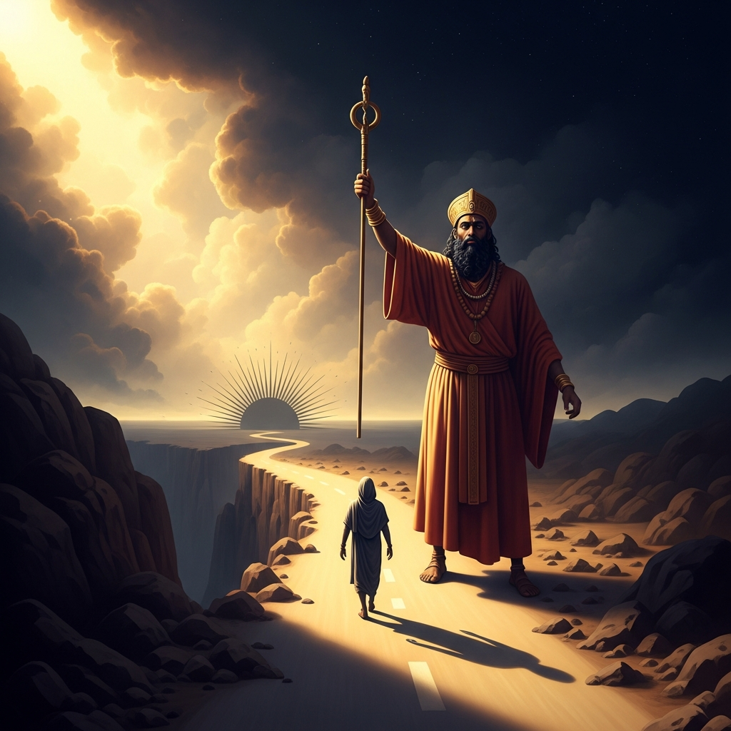 Elegba at the moment of opening: his staff raised, and ahead of him the road that was not there a moment ago — not a new road but a road that was always there, revealed. The figure walking it is the devotee. She does not look back.