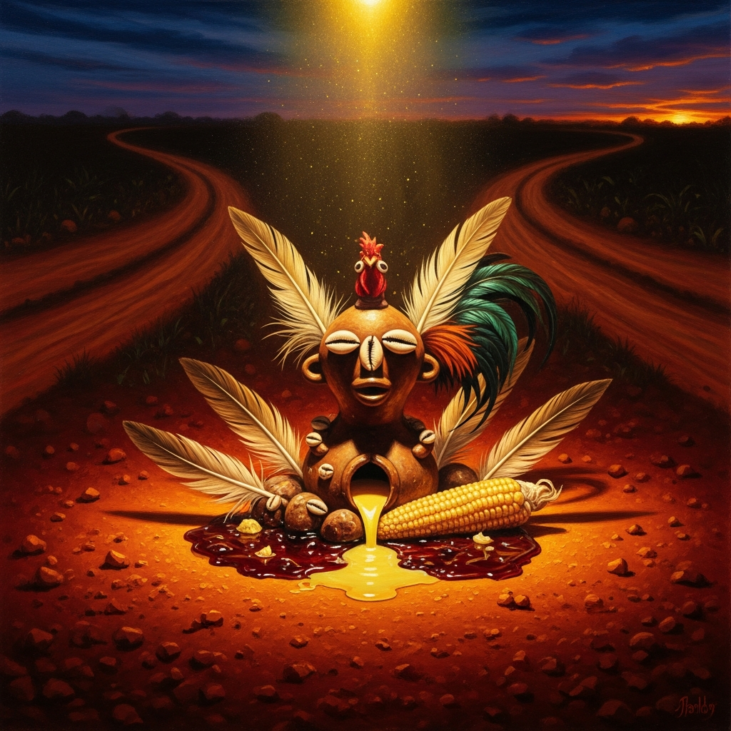 An Elegba shrine at dusk: the small clay figure with cowrie eyes, the rooster feathers, the palm oil and corn liquor poured into the red soil. The road behind the shrine goes in both directions simultaneously.