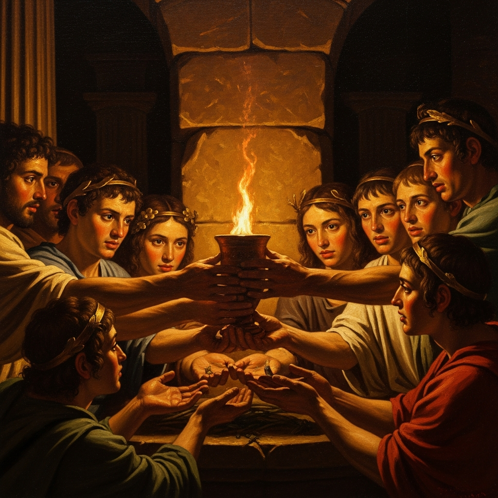 The kykeon passed cup to cup in the dark before the revelation: barley, water, and pennyroyal — the same drink the goddess accepted from Metanira's hands when she was too lost in grief to eat.
