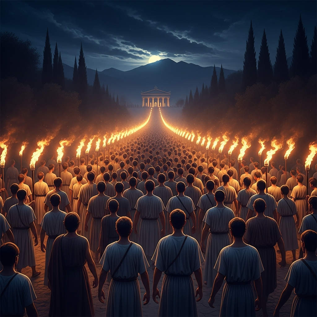 Tens of thousands of initiates walking the Sacred Way from Athens to Eleusis at night, torches flaring in the September wind, the cry of Iacchos rising from every throat — the longest pilgrimage in the ancient Greek world, performed without interruption for nearly twenty centuries.