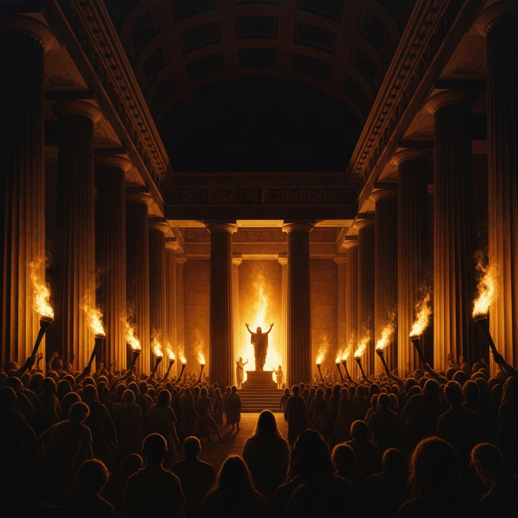 The Telesterion at Eleusis erupts with torchlight after total darkness: three thousand people gasping as a thousand flames rise simultaneously, the columns leaping from black into fire, the hierophant emerging from the Anaktoron with arms raised.