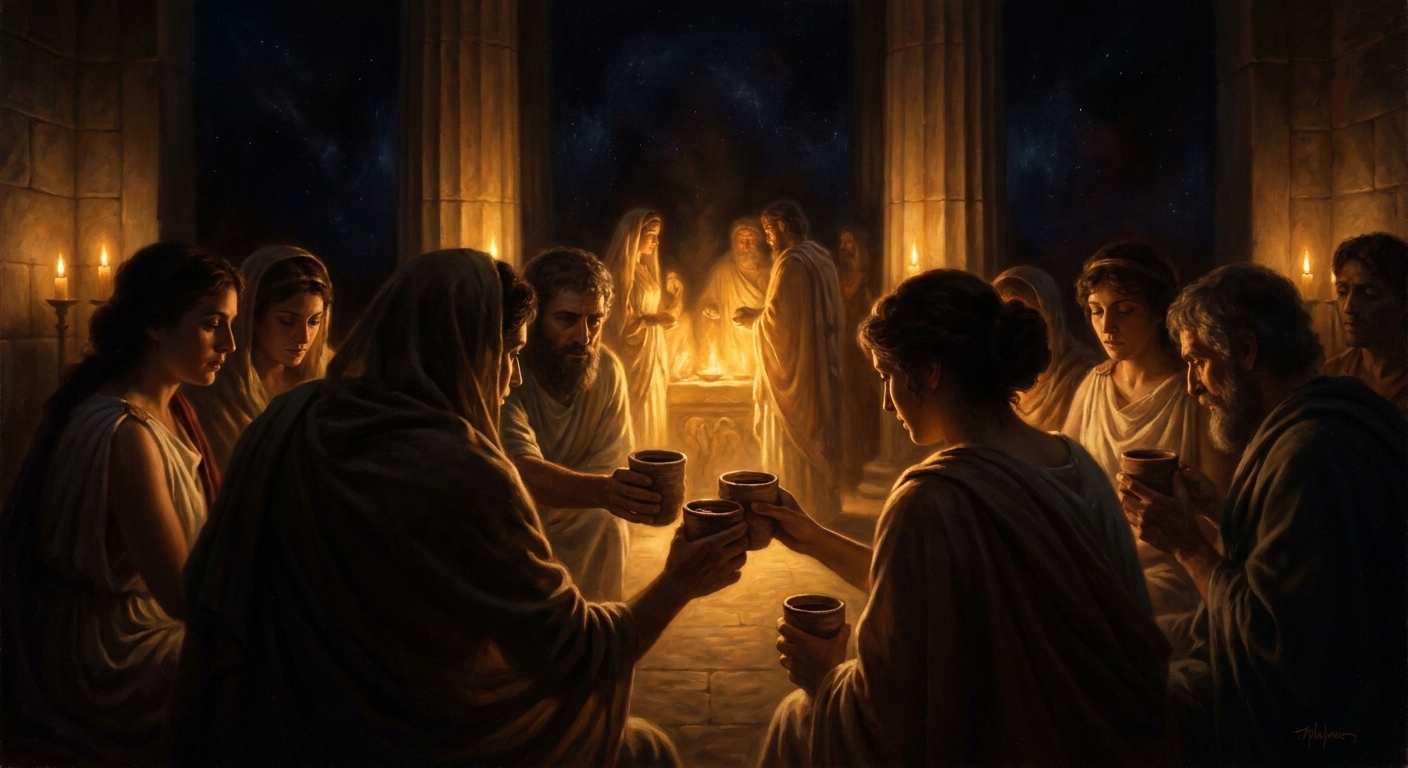 Inside the Telesterion: the kykeon — barley, water, pennyroyal, possibly ergot — passed cup to cup in the dark before the great revelation.