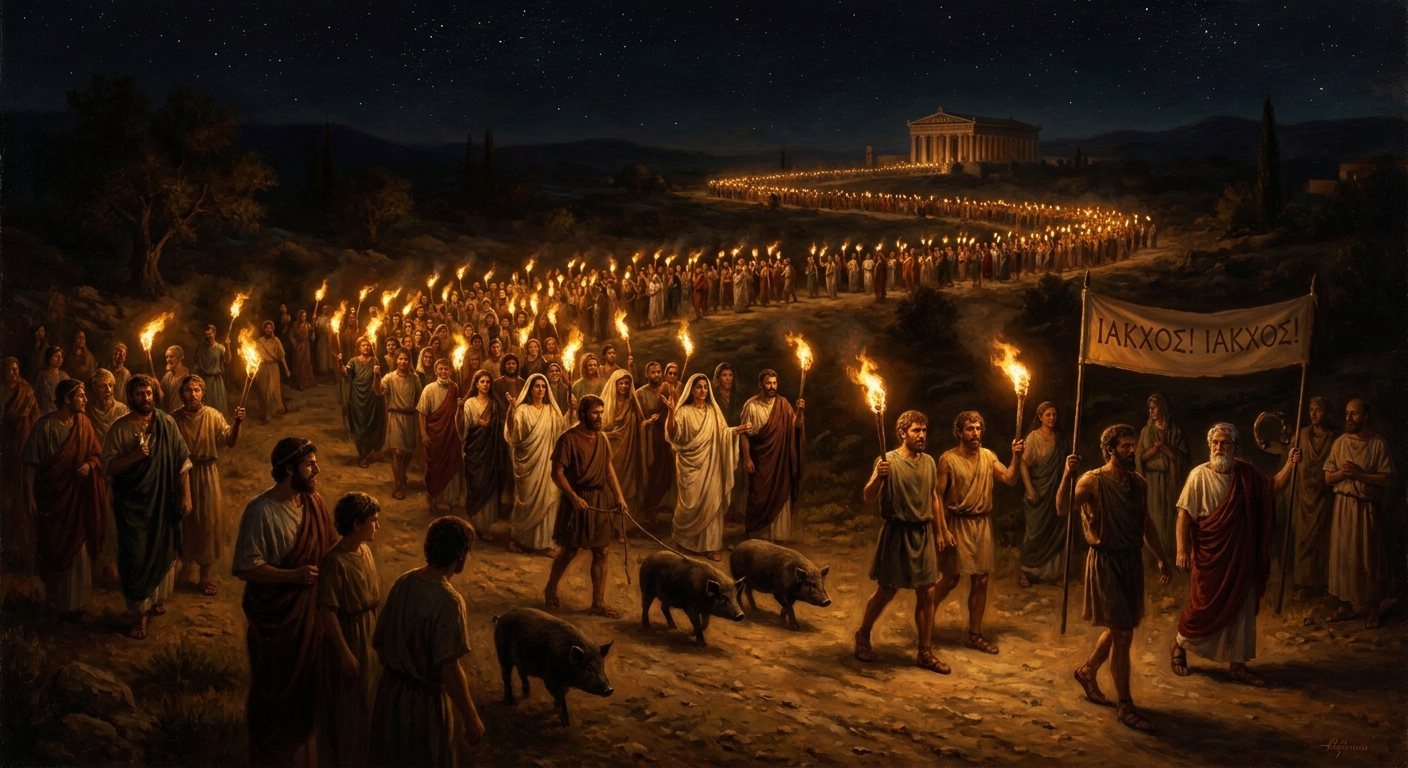 The fourteen-mile procession from Athens along the Sacred Way, torches lit, the cry *Iacchos! Iacchos!* rising from thousands of throats.