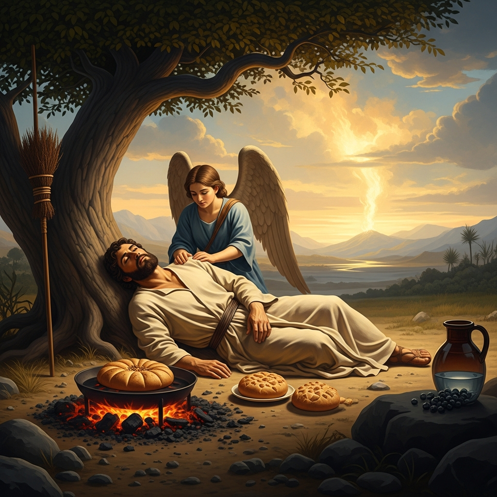 Alone in the Judean wilderness, the prophet who just called fire from heaven lies under a broom tree and asks God to let him die. An angel touches him on the shoulder. There is bread on hot coals beside him, and a jar of water.