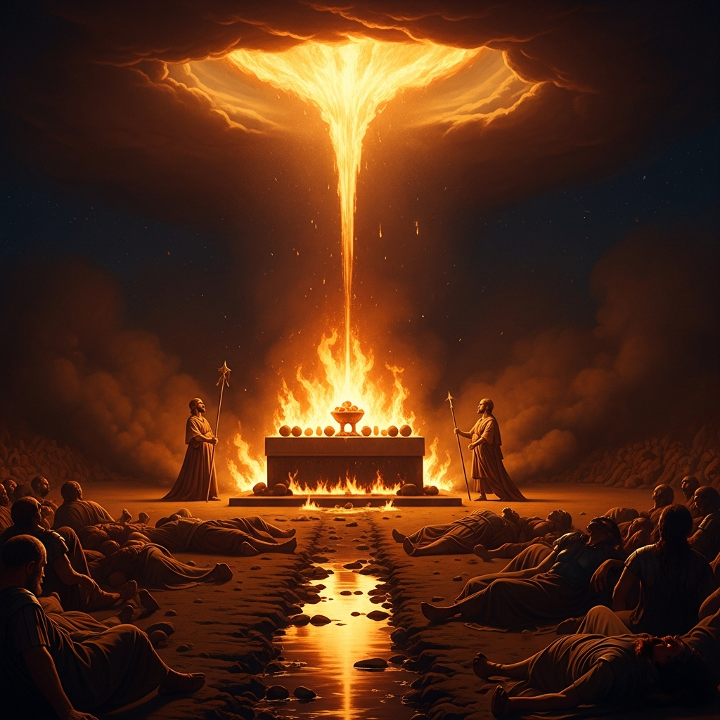 Fire drops from an open sky onto the soaked altar on Carmel — consuming the offering, the wood, the twelve stones, the dust, and all the water pooled in the trench around them. The people below fall on their faces.