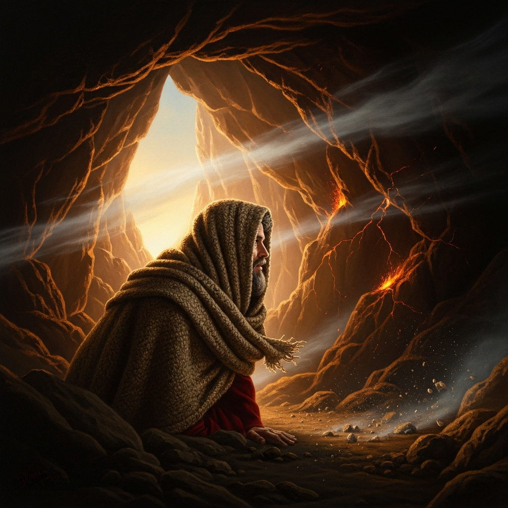 Elijah at the mouth of the cave at Horeb, his face wrapped in his mantle, the wind and earthquake and fire having passed — listening for what comes after.