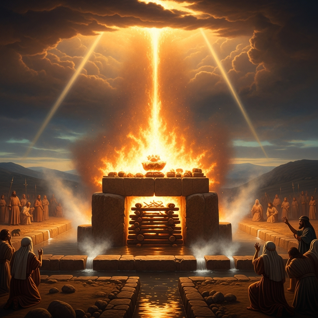 Fire from heaven consumes the offering, the wood, the water in the trench, and the stones of the altar on Mount Carmel — the moment Israel stops dividing its allegiance between two storm-gods.