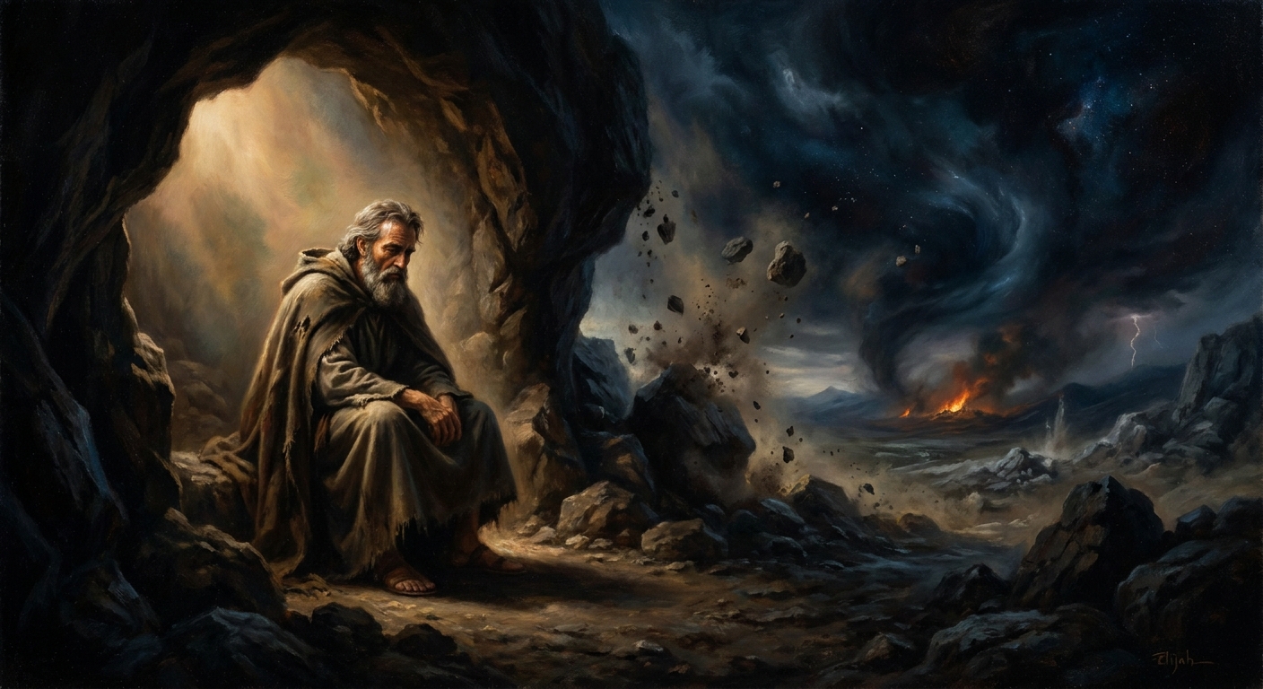 Elijah wraps his face in his mantle and stands at the mouth of the cave at Horeb. The wind has torn the mountains. The earthquake has passed. The fire has passed. Then: a still small voice.