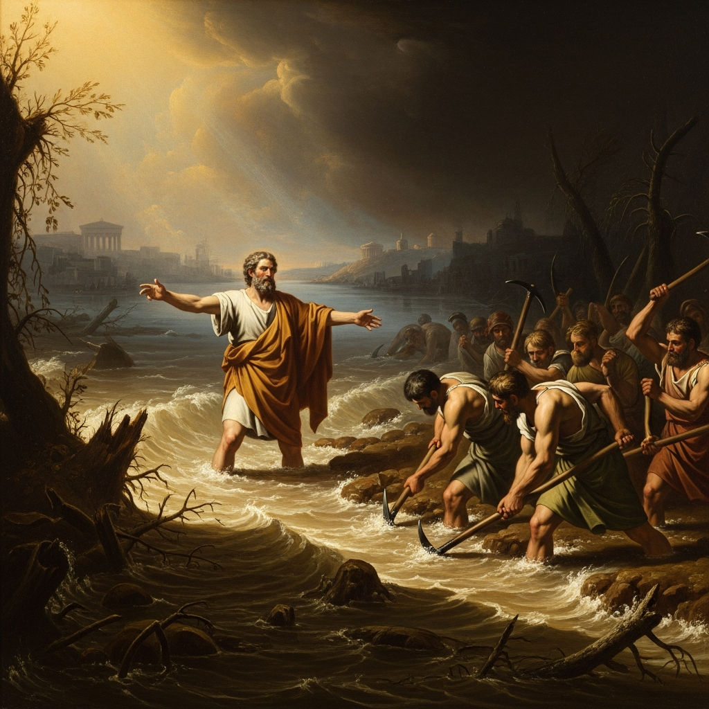 Two rivers in flood converge at the edge of Akragas. Empedocles stands in the water up to his thighs, directing the laborers who are cutting the channel that will drain the plague-swamp and save the city.