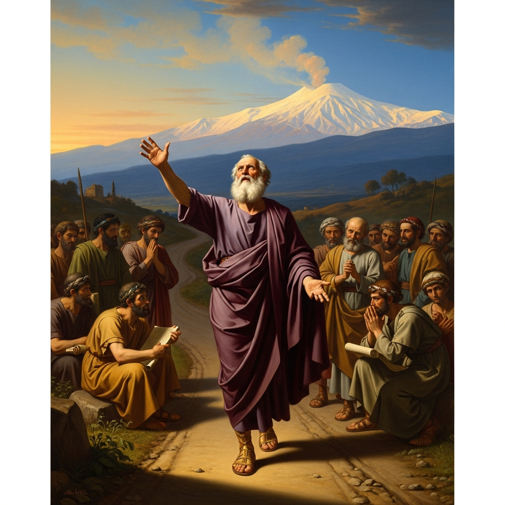 Empedocles in his purple robe and gold sandals on a Sicilian road, disciples behind him in a crowd. He is speaking without stopping, as he always speaks, one hand raised, the volcano white against the afternoon sky.