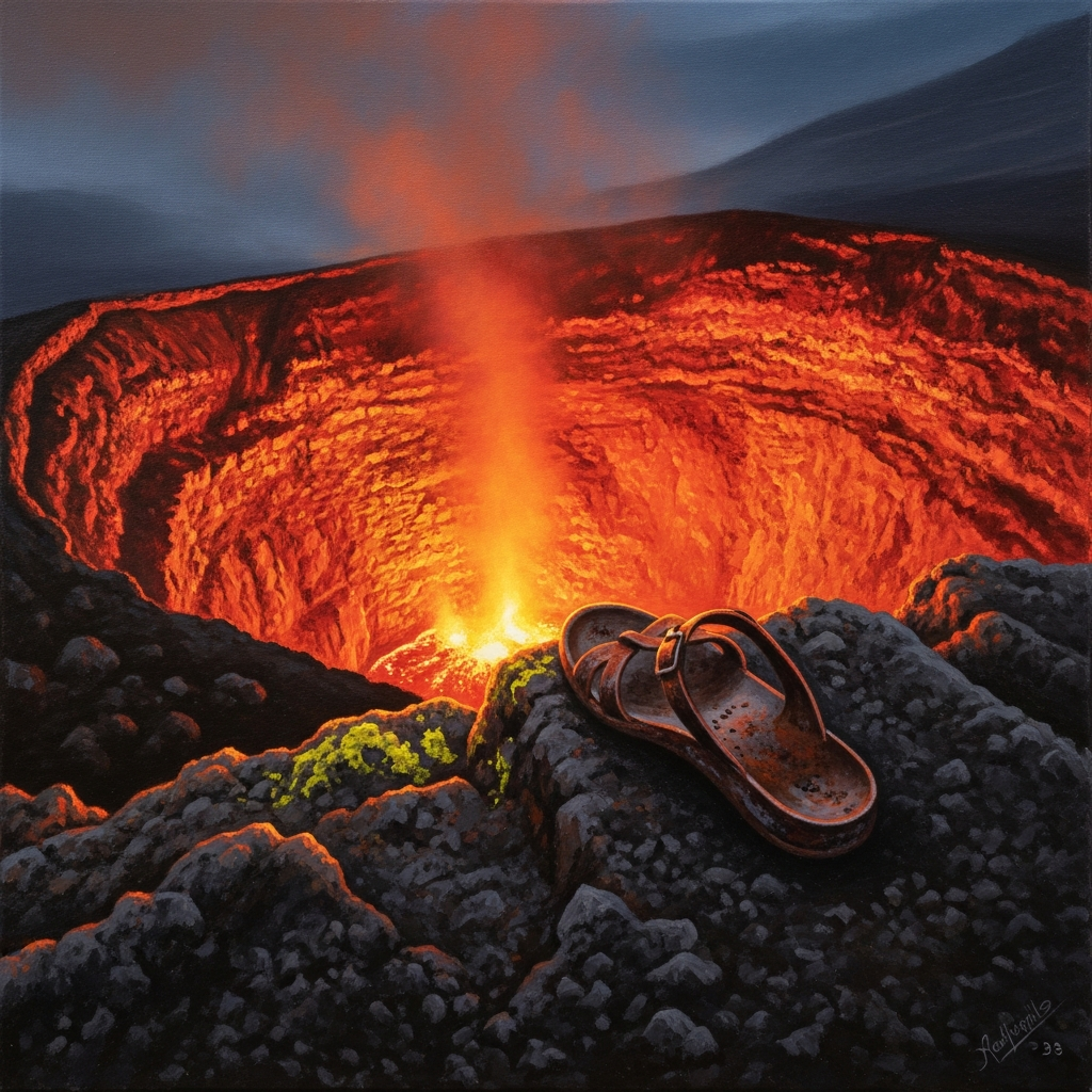 The rim of Etna at dawn — sulfur, red light, the drop into fire. A single iron sandal at the lip of the crater. No body. No explanation.
