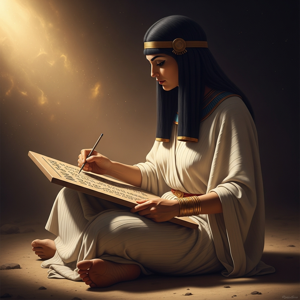 Enheduanna in the steppe beyond Ur, a clay tablet across her knees, composing the Nin-me-sara in the dust and heat of exile. Her stylus presses each sign with the urgency of a legal petition addressed not to a king but to a goddess.