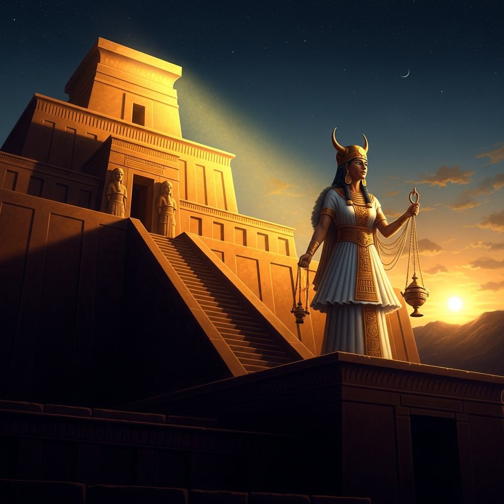 The Giparu at Ur at dawn, the high priestess's residence and cult center where Enheduanna had officiated for decades, now occupied by Lugal-Ane's men. The ziggurat of Nanna rises behind it, indifferent.