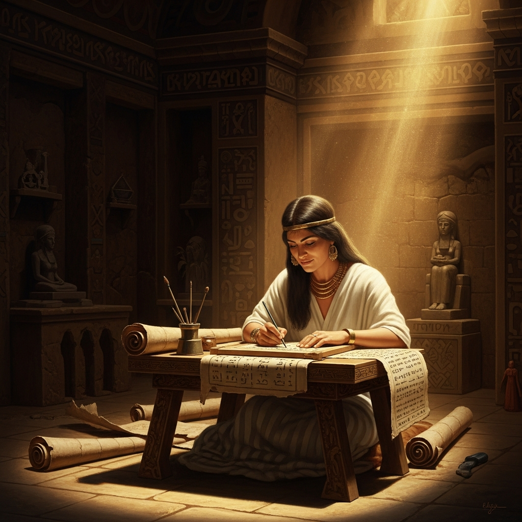 Enheduanna restored to office, composing the final section of the Nin-me-sara inside the Giparu — the second writing, the hymn she rewrites now that it has worked.