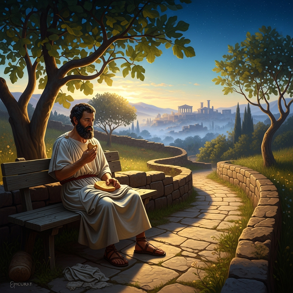 The Garden at dawn — fig trees, a path between low walls, the city visible in the distance. Epicurus on a wooden bench in the early light, eating bread from a cloth, alone before the students arrive.