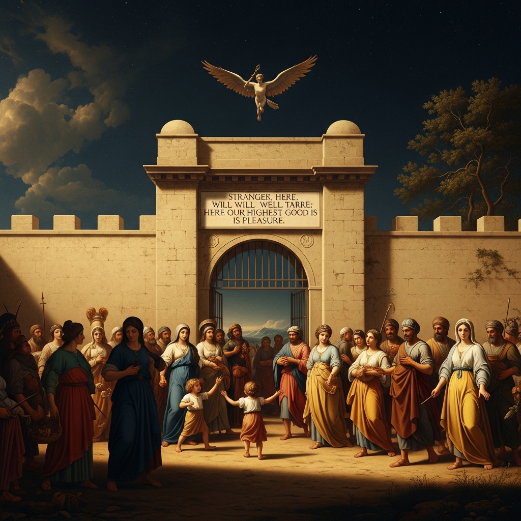 The full community at midday — men, women, free and freed, a child playing near the wall. The gate at the entrance bears the inscription: Stranger, here you will do well to tarry; here our highest good is pleasure.