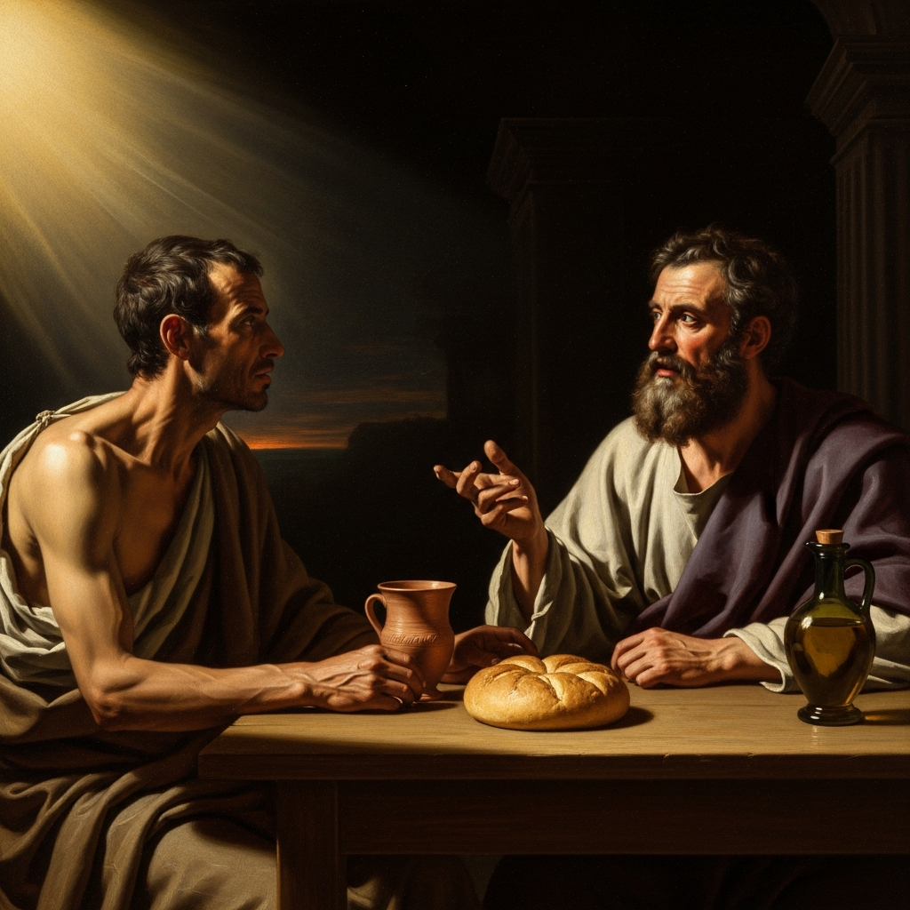 Mys, a former slave, sits across the table from Epicurus. Between them: a loaf of bread, a cup of water, a small vessel of olive oil. Epicurus is explaining why there is nothing else.