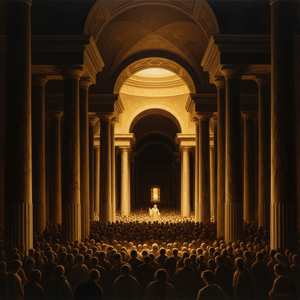 Inside the Telesterion: total darkness, the smell of the kykeon, three thousand people breathing in a space where the columns have been swallowed by the black.