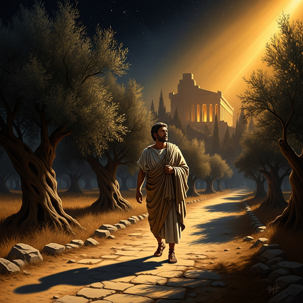 The epopt returns to Eleusis a year after his first initiation — older now, changed in ways he cannot account for, walking the Sacred Way again in the September dark.