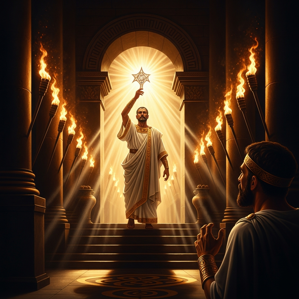The torches ignite all at once. The hierophant emerges from the Anaktoron. He raises something into the sudden fire. The epopt sees. He will never say what.