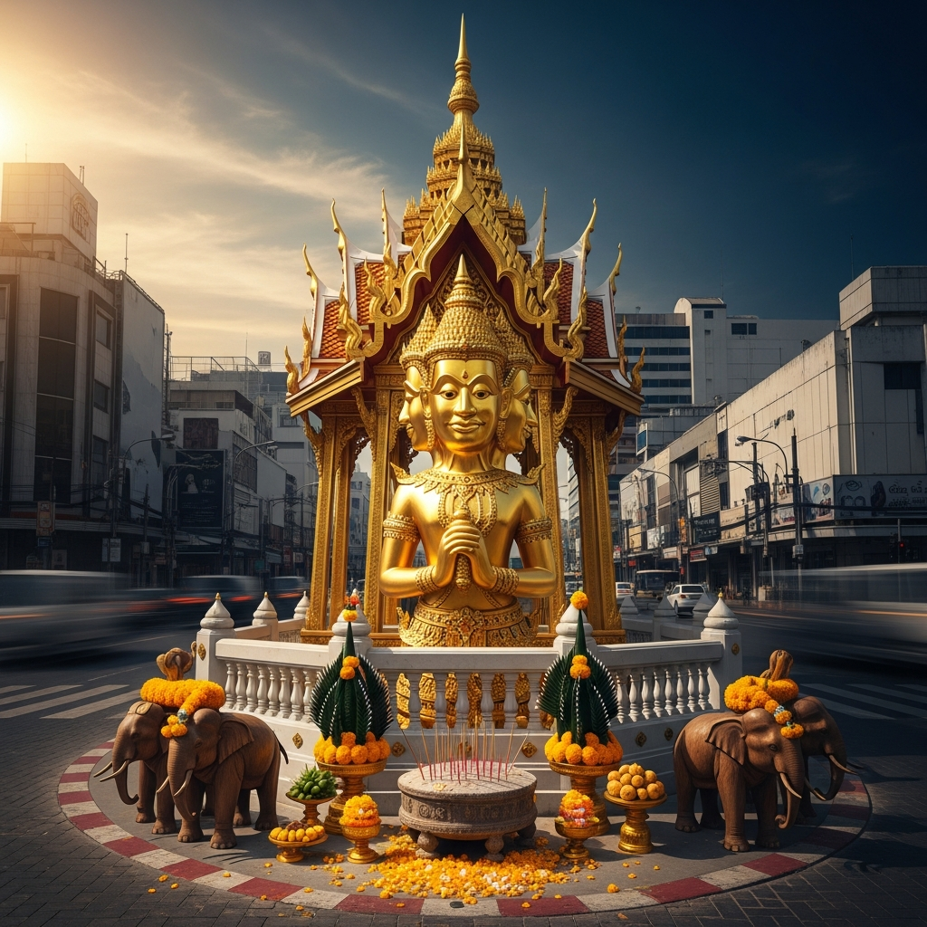 The Erawan Shrine at Ratchaprasong intersection, Bangkok: a golden pavilion at the corner of one of the busiest commercial intersections in Southeast Asia, surrounded by offerings of flowers, incense, and carved wooden elephants. The four-faced gold figure of Phra Phrom looks outward in all four cardinal directions simultaneously. The city moves around him at full speed.