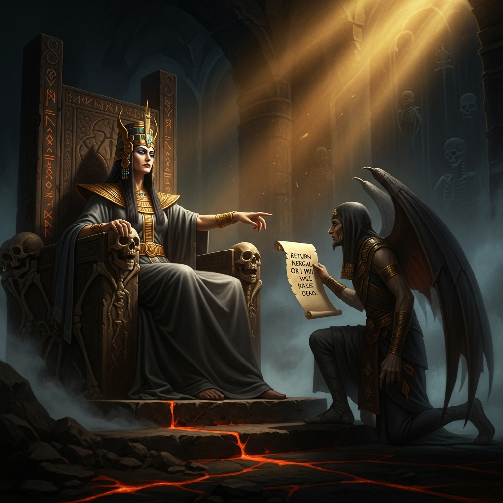Ereshkigal sits alone on the throne of the underworld, sending Namtar back to heaven with her ultimatum: return Nergal or I will raise the dead.