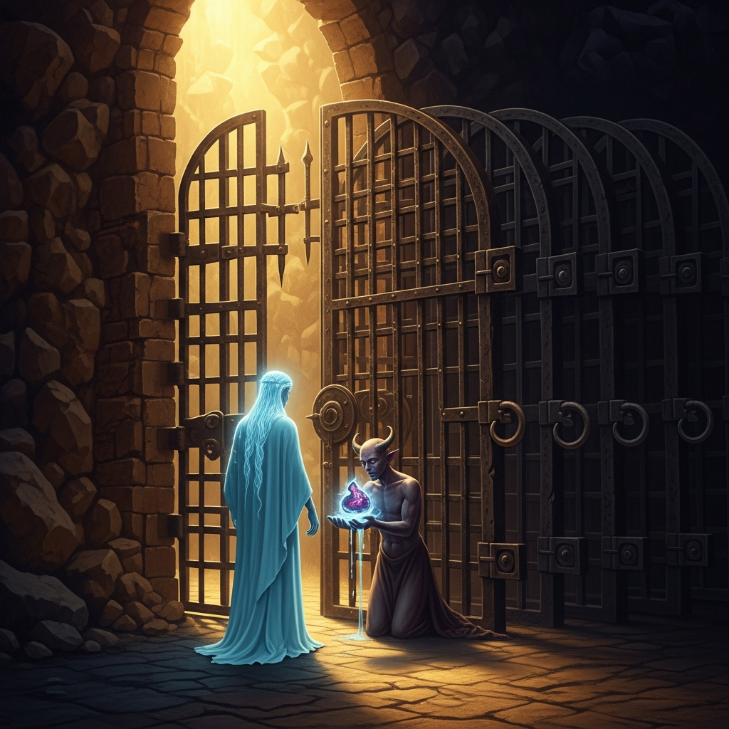 The nine iron gates of Erlik's underground hall, each one heavier and darker than the last. The shaman's spirit stands before the innermost gate, where the minor demon waits with the stolen soul-fragment cupped in its hands like water.