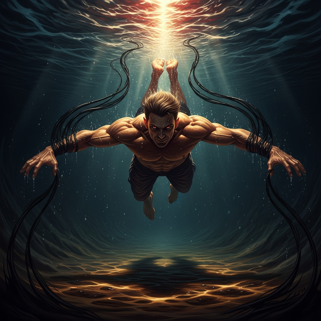 Erlik descends through the black water of the primordial ocean, his hands trailing dark streamers as he falls toward the bottom where the mud of creation waits. He is doing Tengri's will. He is also planning.