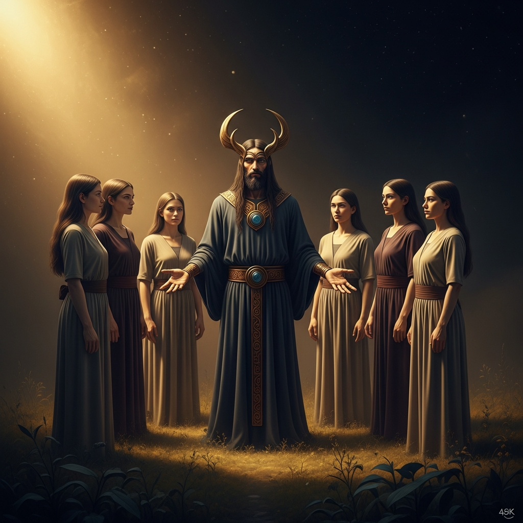 Erlik circles the new humans as they stand in the garden Tengri shaped for them, still smelling of fresh clay. His expression is not malice but hunger — the hunger of a creator who was not given final credit for the creation.
