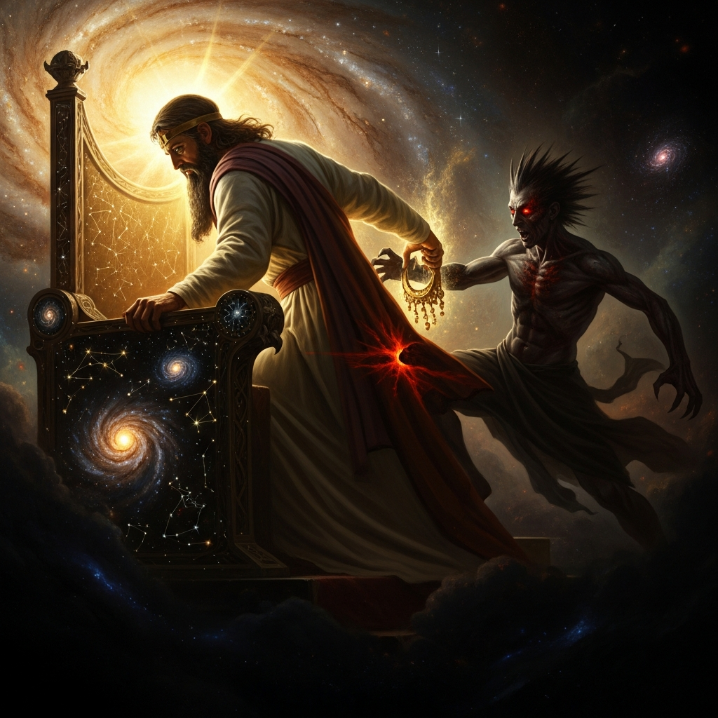 Marduk vacates the cosmic throne to restore his damaged regalia. The moment he rises, Erra moves into the space he left.