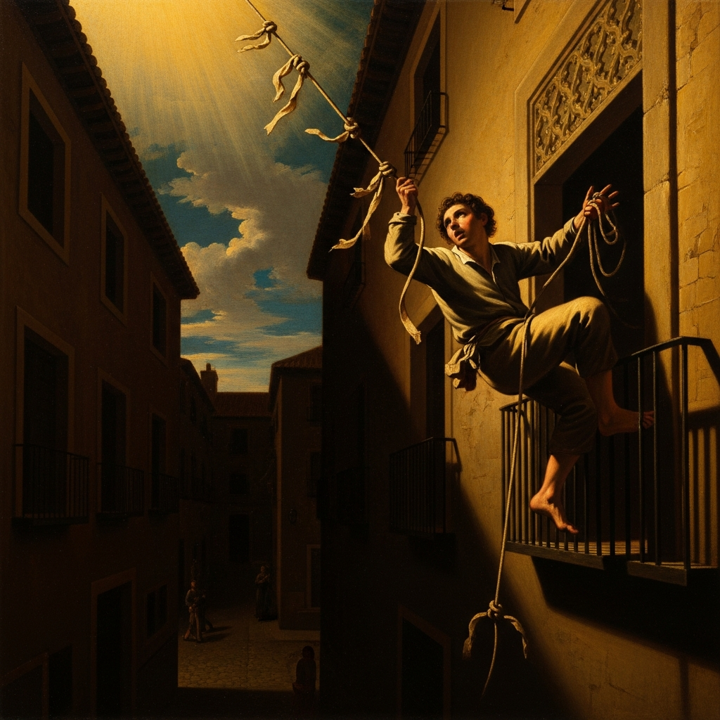 The escape — knotting strips of cloth, lowering himself out a high window onto a Toledo street, August 1578